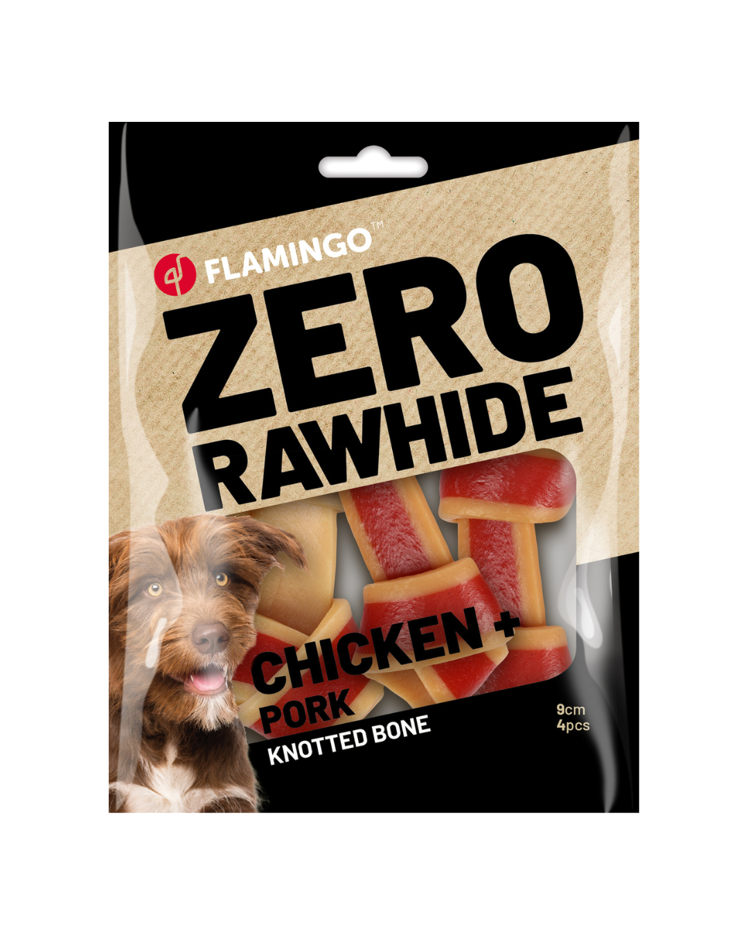Flamingo- OS AVEC NŒUDS EN CUIR BRUT ZERO AU POULET ET AU PORC 9 CM — 4 UNITÉS (140 G)