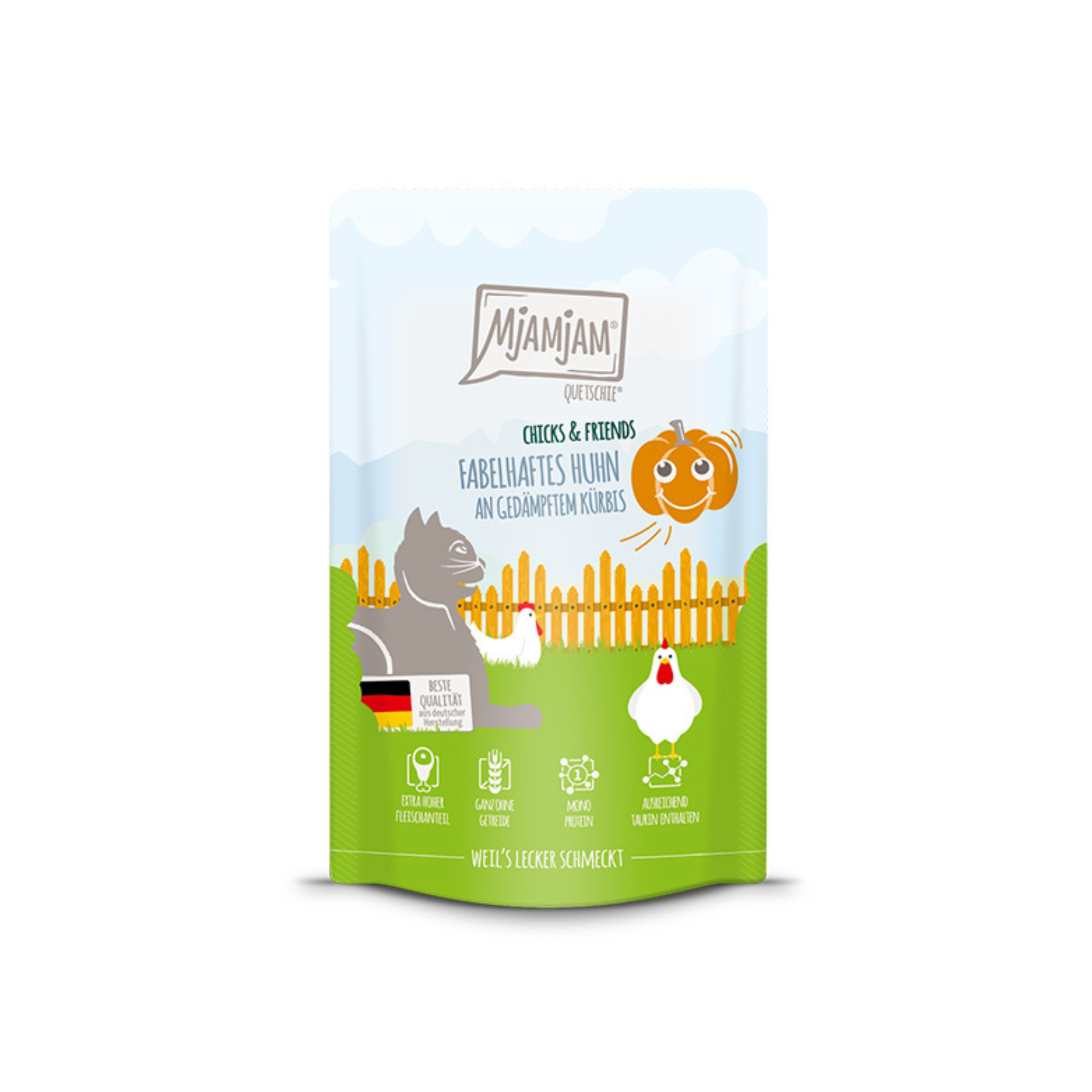 Poulet fabuleux avec courge cuite à la vapeur – Chat – 125g Quetschies – Chicks & Friends