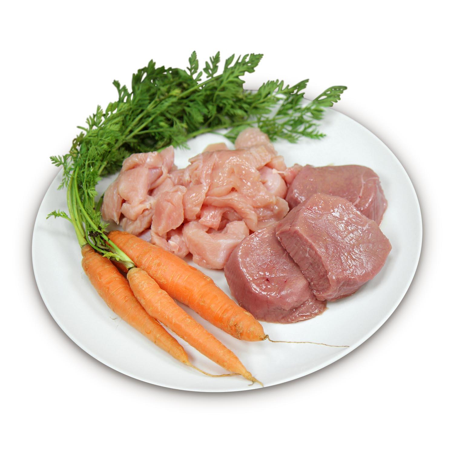 Veau exquis et dinde savoureuse avec fines carottes – Chat – 200g – repas délicieux