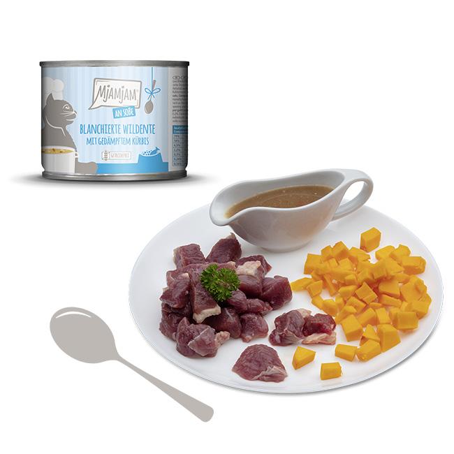Canard sauvage blanchi avec courge cuite à la vapeur en sauce – Chat – 185g – en sauce