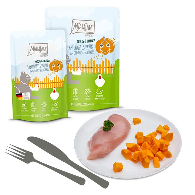 Poulet fabuleux avec courge cuite à la vapeur – Chat – 125g Quetschies – Chicks & Friends