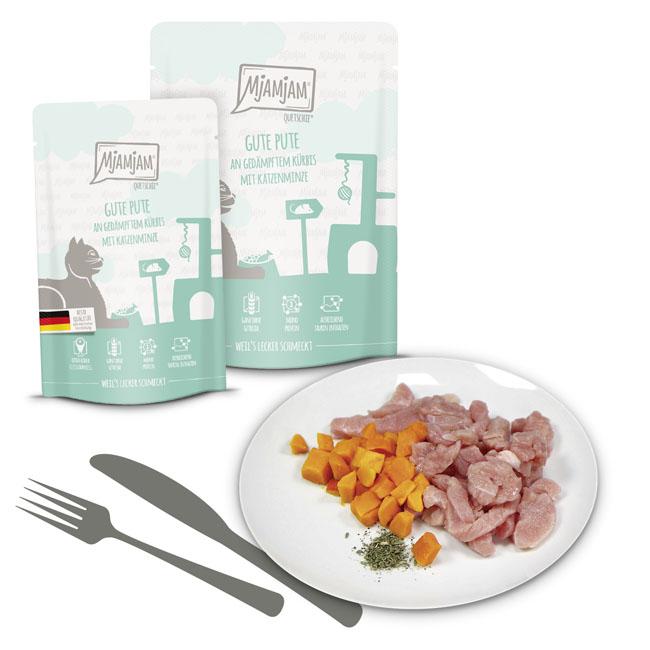 Bonne dinde avec courge vapeur et herbe à chat – Chat – 125g Quetschie – repas délicieux