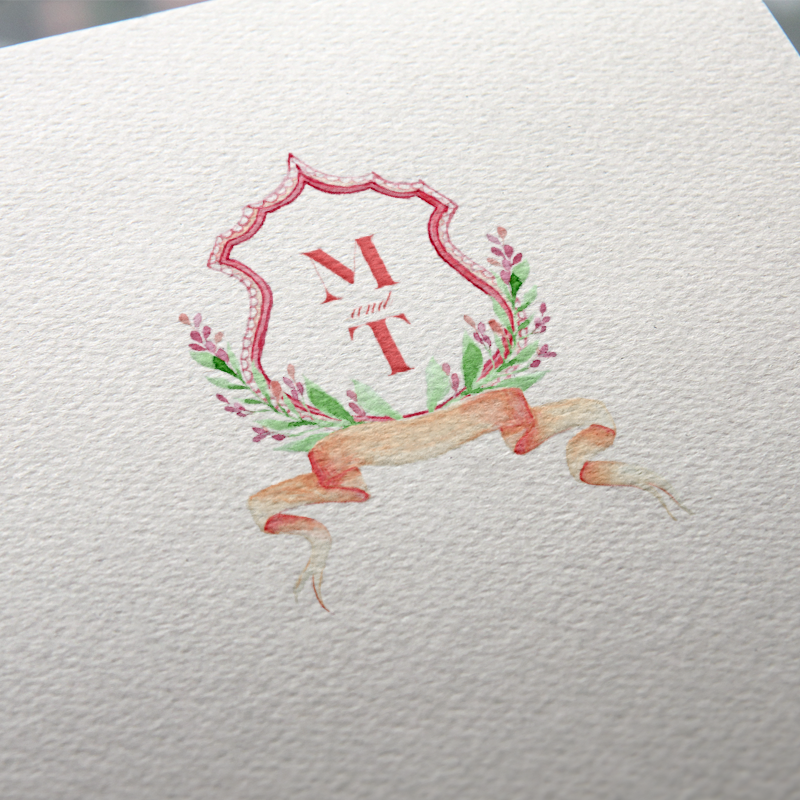 Watercolor crest with 2 initials and bow