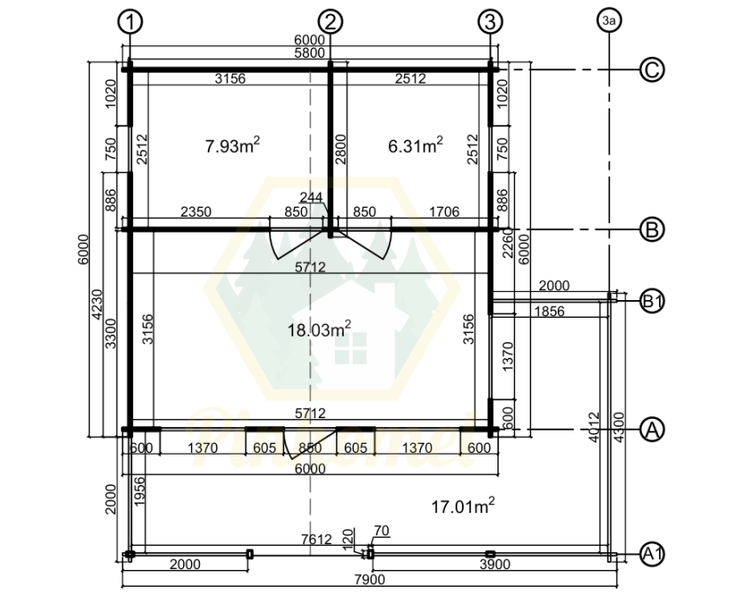 PINHOMEL27 - 6x6m (com mezanino), 44mm  